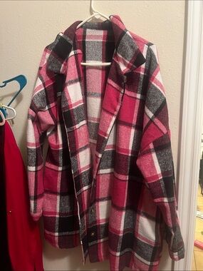 Women’s Pink Plaid Open-Front Coatigan